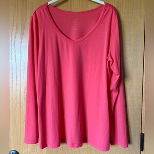 Woolx Lightweight Merino Wool V-Neck Layla Vibrant Coral Long Sleeve Tee